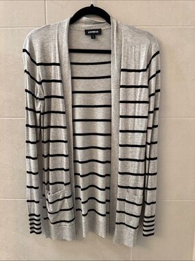 Express Light Gray and Black Striped Open Cardigan